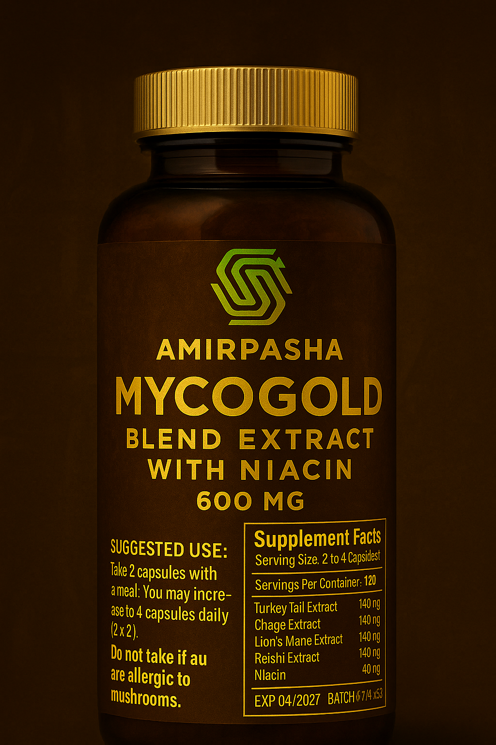 MycoGold Blend 600 MG on 250 cc bottle with Golden Cap MycoGold™ – Lion’s Mane, Turkey Tail, Chaga + Niacin ( 600 mg ) - Image 1